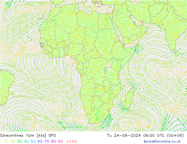 Streamlines 10m GFS Tu 24.09.2024 06 UTC