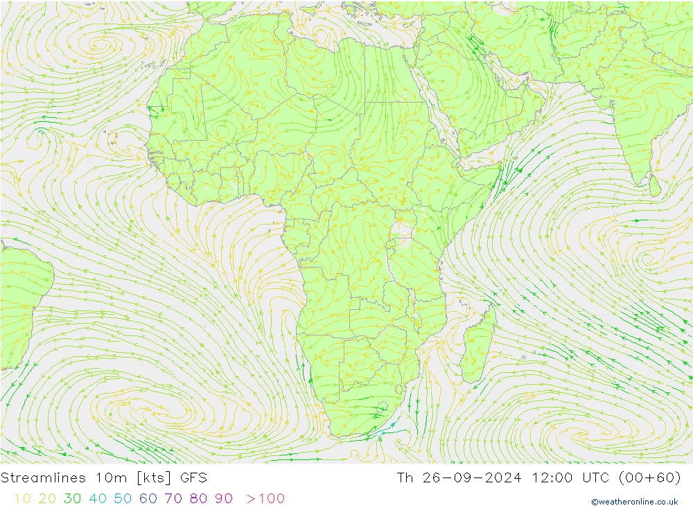 Streamlines 10m GFS Čt 26.09.2024 12 UTC