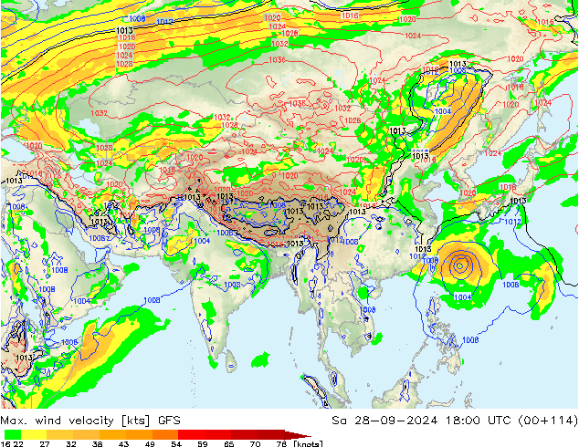 Max. wind velocity GFS sab 28.09.2024 18 UTC