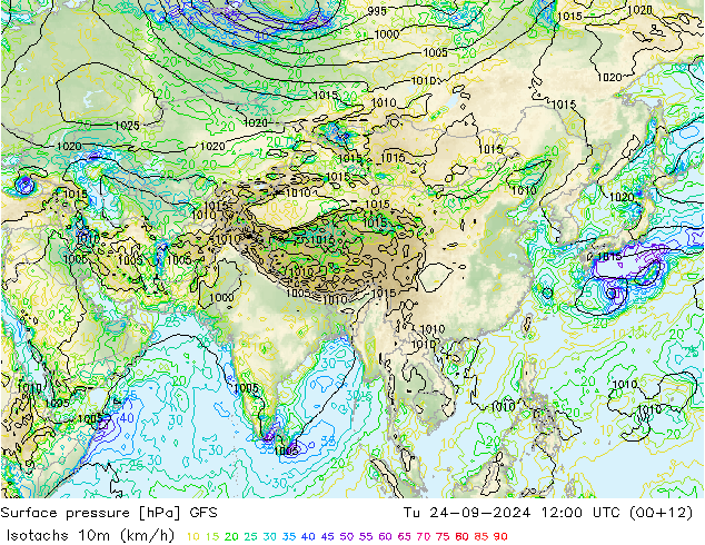 Isotachs (kph) GFS Tu 24.09.2024 12 UTC