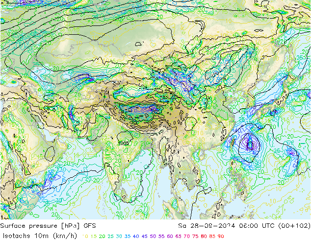 Isotaca (kph) GFS sáb 28.09.2024 06 UTC