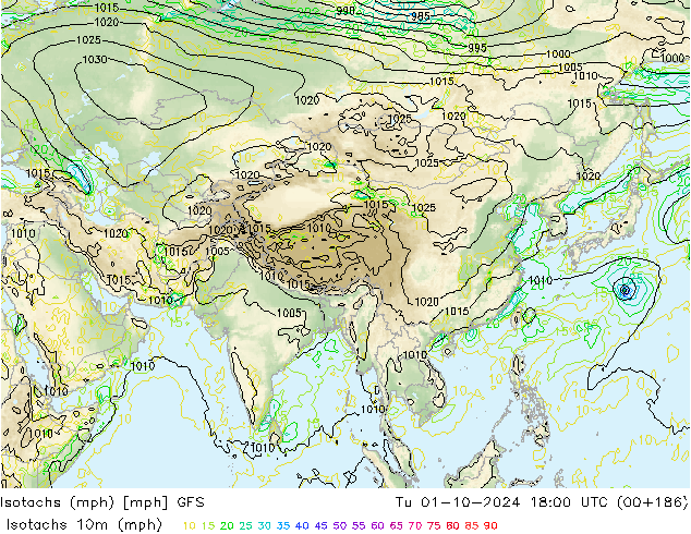 Eşrüzgar Hızları mph GFS Sa 01.10.2024 18 UTC