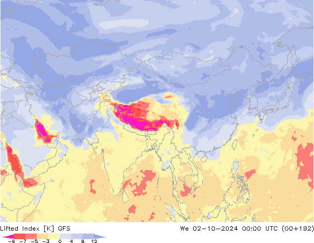 Lifted Index GFS śro. 02.10.2024 00 UTC