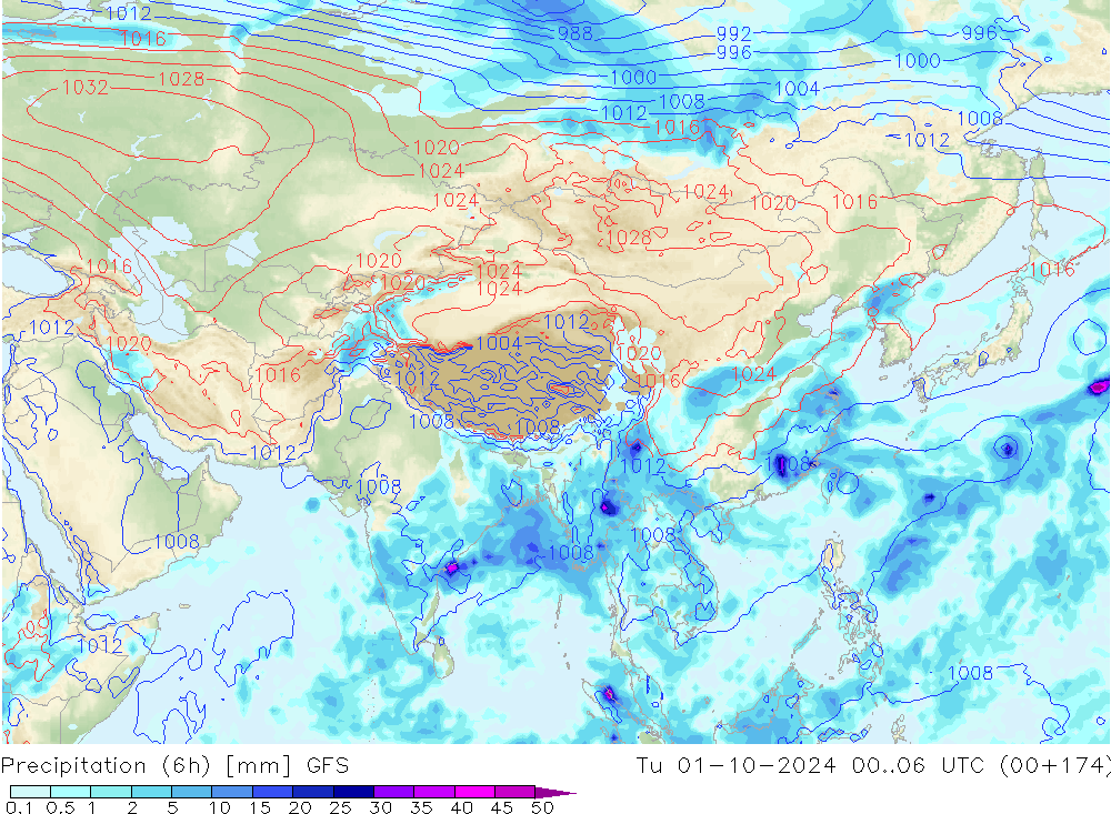 Precipitation (6h) GFS Tu 01.10.2024 06 UTC