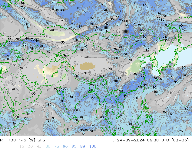 RH 700 hPa GFS Tu 24.09.2024 06 UTC