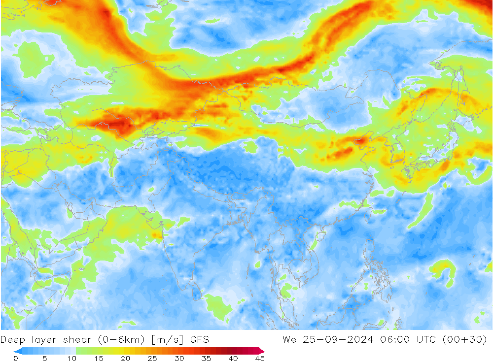 Deep layer shear (0-6km) GFS  25.09.2024 06 UTC