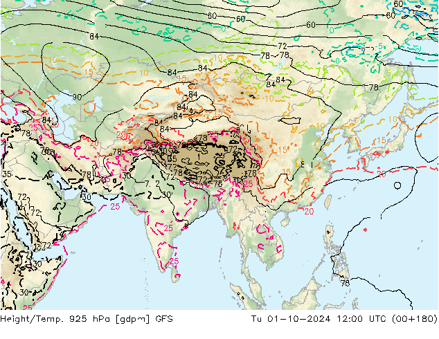 Yükseklik/Sıc. 925 hPa GFS Sa 01.10.2024 12 UTC