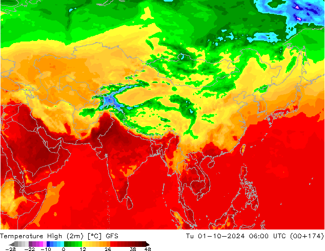 température 2m max GFS mar 01.10.2024 06 UTC