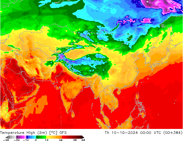 Temperature High (2m) GFS Th 10.10.2024 00 UTC