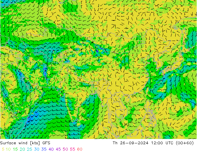 Vento 10 m GFS gio 26.09.2024 12 UTC