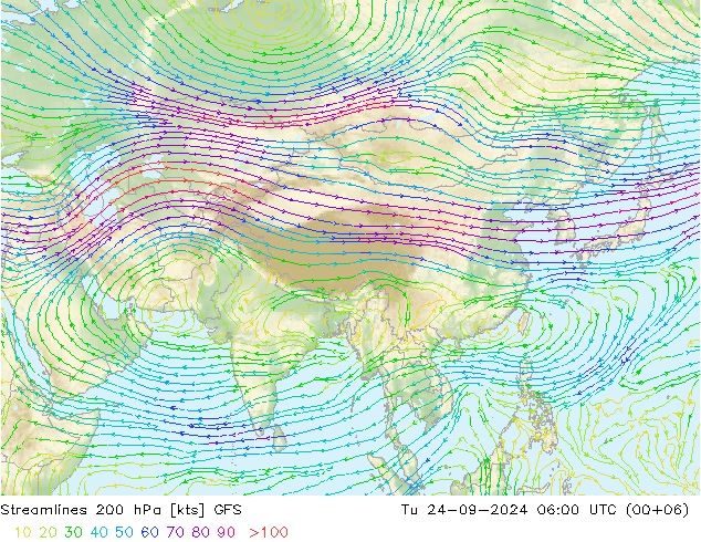 Streamlines 200 hPa GFS Tu 24.09.2024 06 UTC