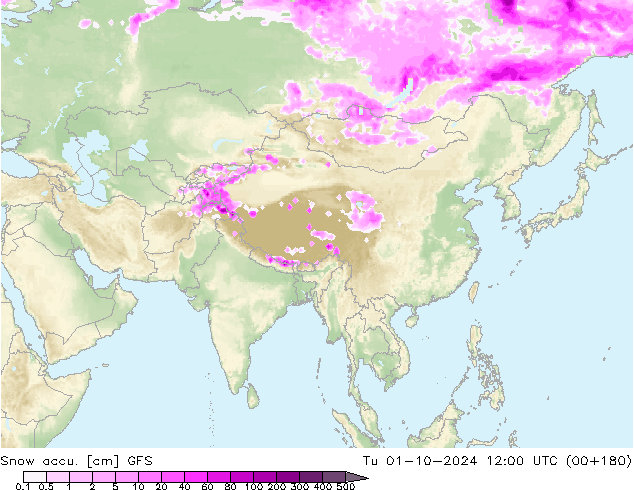 Глубина снега GFS вт 01.10.2024 12 UTC