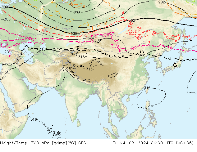 Height/Temp. 700 гПа GFS вт 24.09.2024 06 UTC