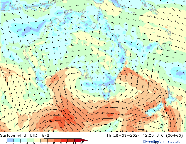 Wind 10 m (bft) GFS do 26.09.2024 12 UTC