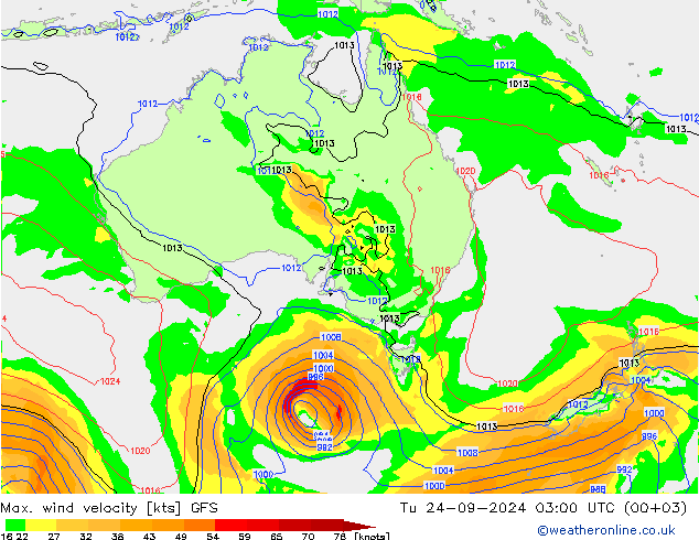 Max. wind velocity GFS Út 24.09.2024 03 UTC