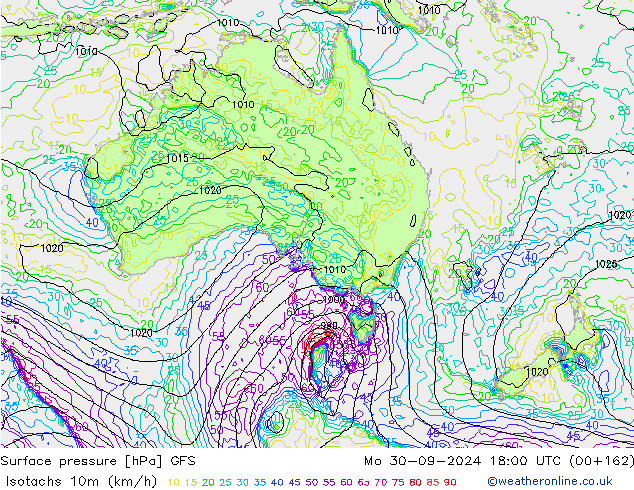 Isotachs (kph) GFS Po 30.09.2024 18 UTC