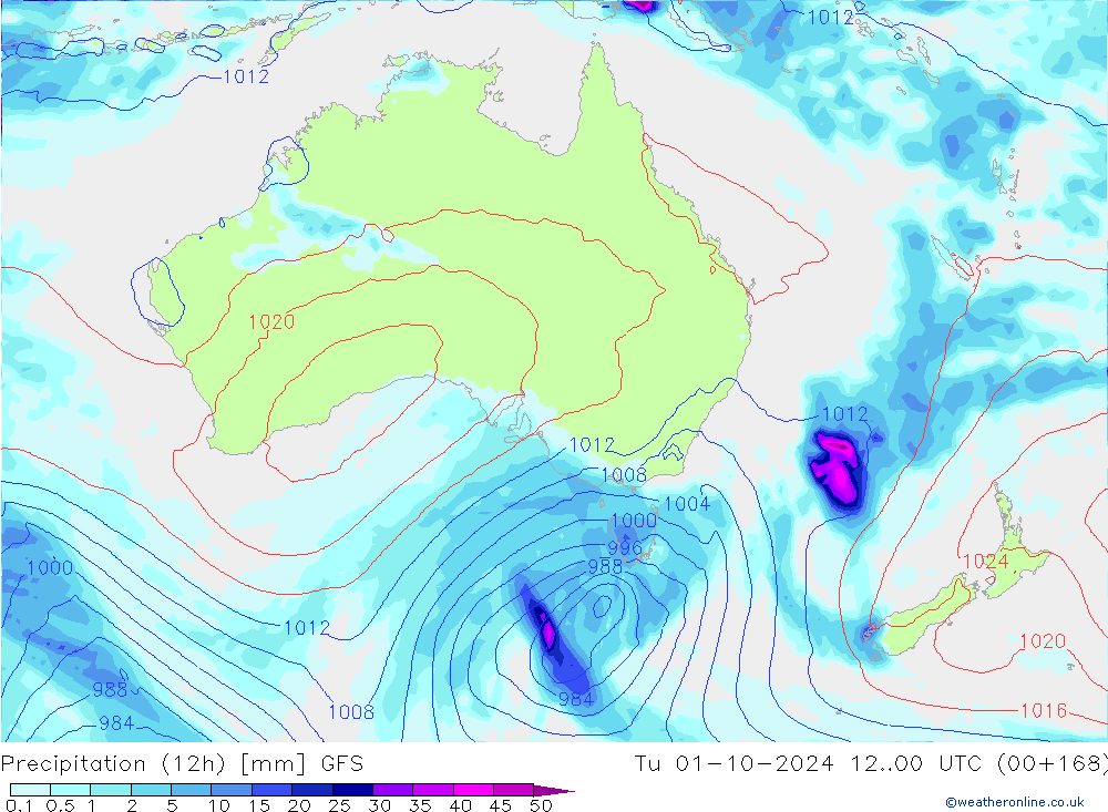 Totale neerslag (12h) GFS di 01.10.2024 00 UTC