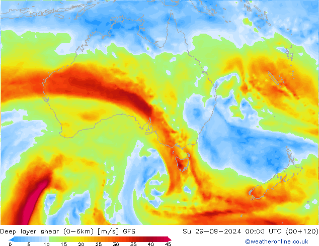 Deep layer shear (0-6km) GFS Ne 29.09.2024 00 UTC