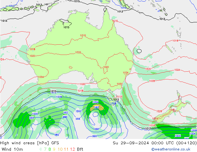 High wind areas GFS dim 29.09.2024 00 UTC