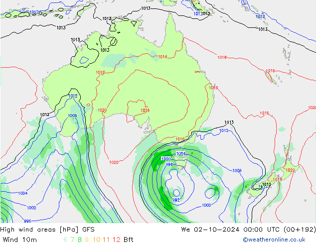 yüksek rüzgarlı alanlar GFS Çar 02.10.2024 00 UTC