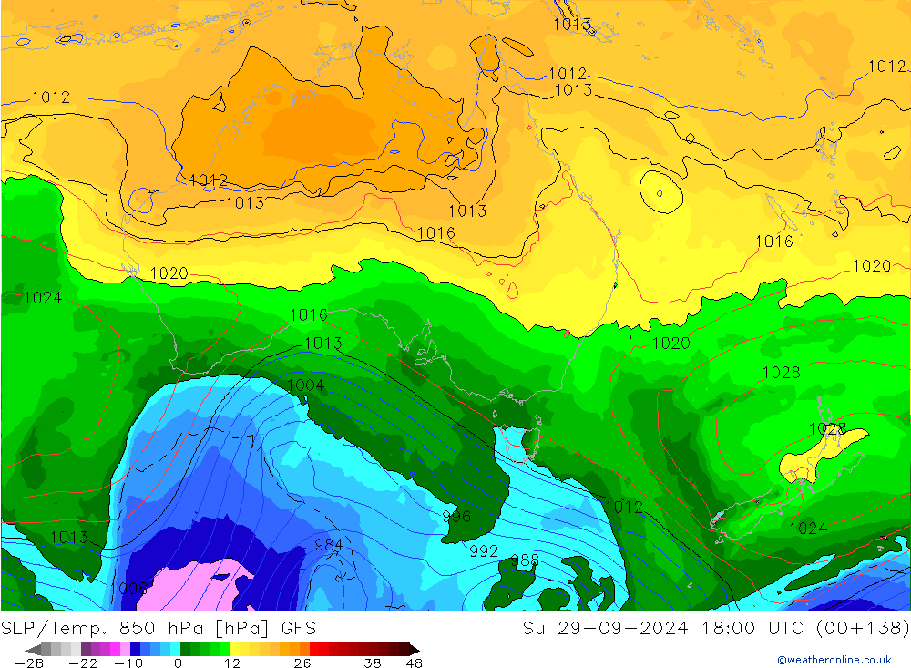 SLP/Temp. 850 hPa GFS Ne 29.09.2024 18 UTC