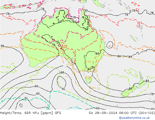 Height/Temp. 925 hPa GFS So 28.09.2024 06 UTC