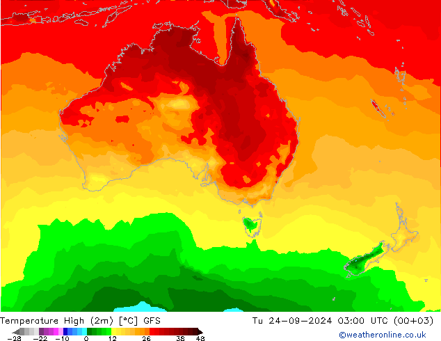 Nejvyšší teplota (2m) GFS Út 24.09.2024 03 UTC