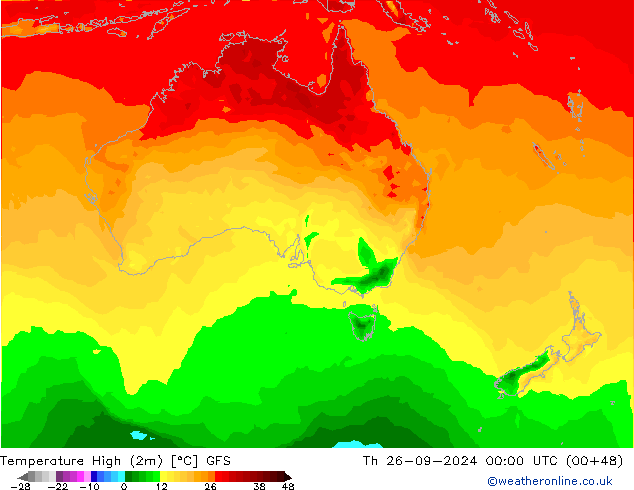 temperatura máx. (2m) GFS Qui 26.09.2024 00 UTC