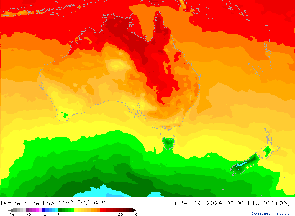 Min.temperatuur (2m) GFS di 24.09.2024 06 UTC