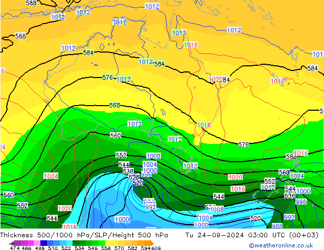 Espesor 500-1000 hPa GFS mar 24.09.2024 03 UTC