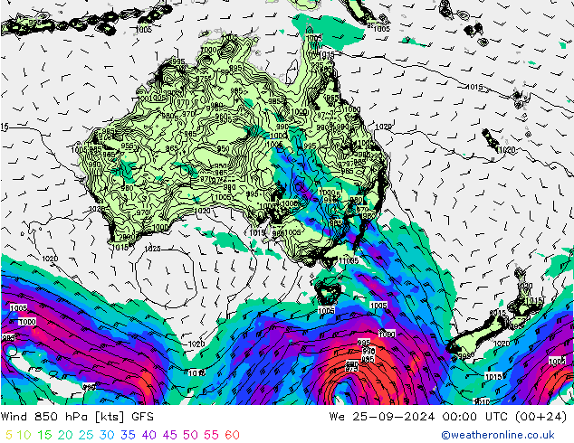 Wind 850 hPa GFS We 25.09.2024 00 UTC