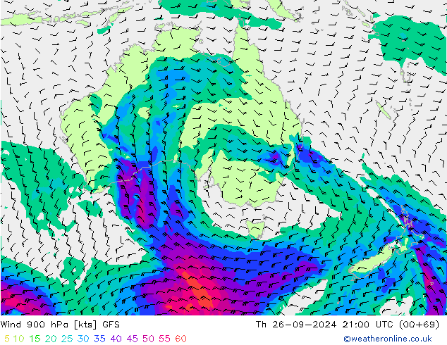 wiatr 900 hPa GFS czw. 26.09.2024 21 UTC