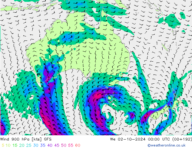 Vento 900 hPa GFS mer 02.10.2024 00 UTC