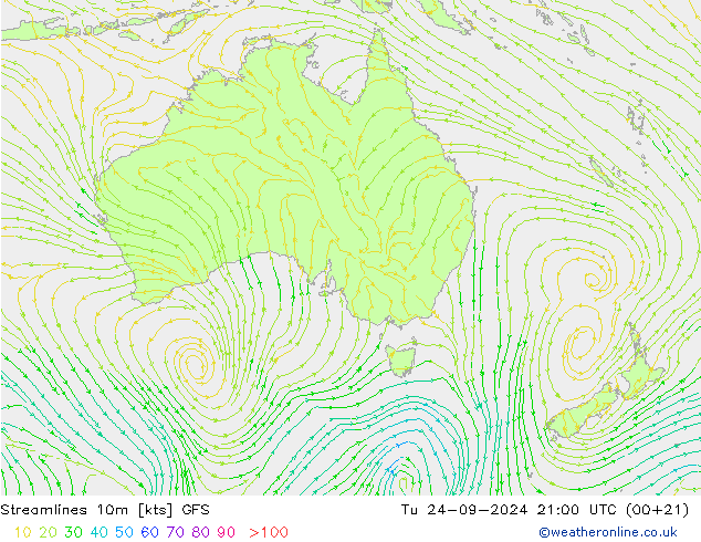 Streamlines 10m GFS Tu 24.09.2024 21 UTC