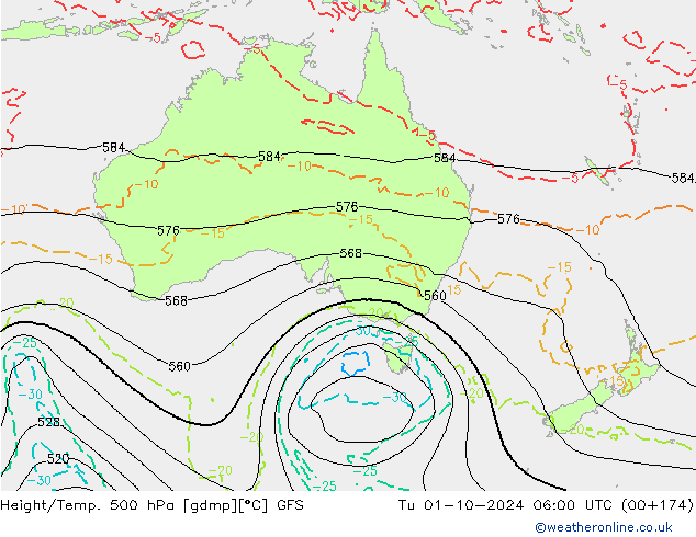 Z500/Rain (+SLP)/Z850 GFS Út 01.10.2024 06 UTC