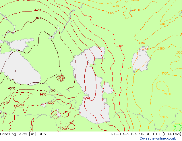 Freezing level GFS Tu 01.10.2024 00 UTC