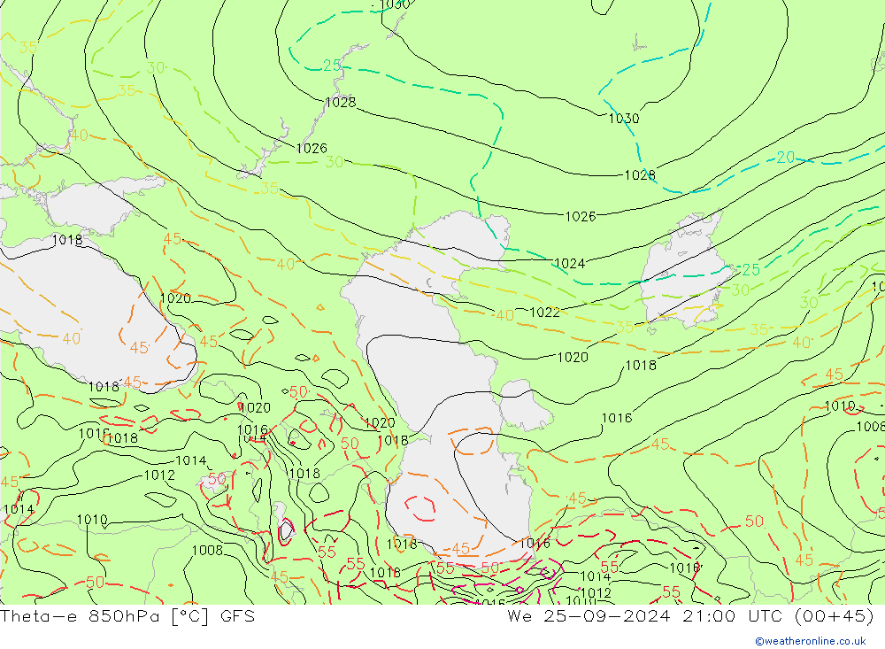 Theta-e 850hPa GFS We 25.09.2024 21 UTC