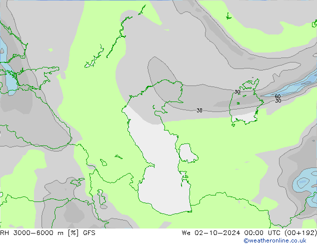 Humedad rel. 3000-6000m GFS mié 02.10.2024 00 UTC