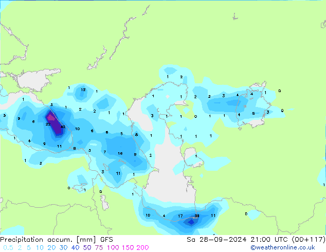 Precipitation accum. GFS so. 28.09.2024 21 UTC