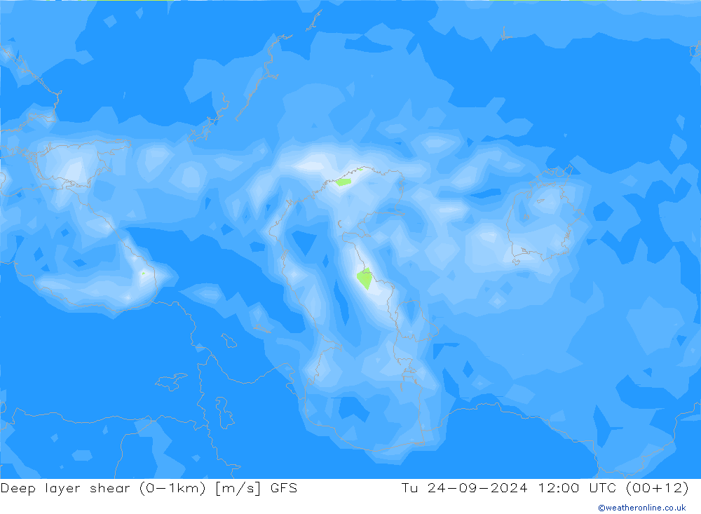 Deep layer shear (0-1km) GFS  24.09.2024 12 UTC