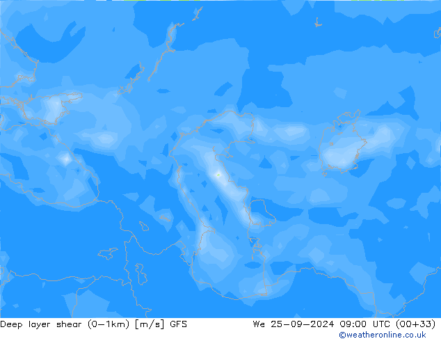 Deep layer shear (0-1km) GFS mer 25.09.2024 09 UTC