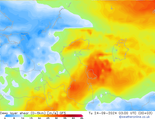 Deep layer shear (0-6km) GFS Ter 24.09.2024 03 UTC