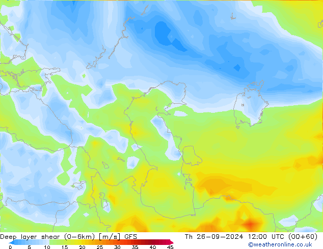 Deep layer shear (0-6km) GFS чт 26.09.2024 12 UTC