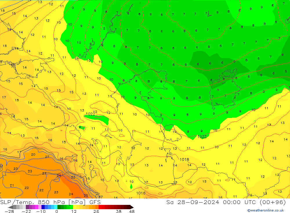 SLP/Temp. 850 hPa GFS Sáb 28.09.2024 00 UTC