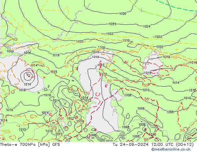 Theta-e 700hPa GFS Tu 24.09.2024 12 UTC