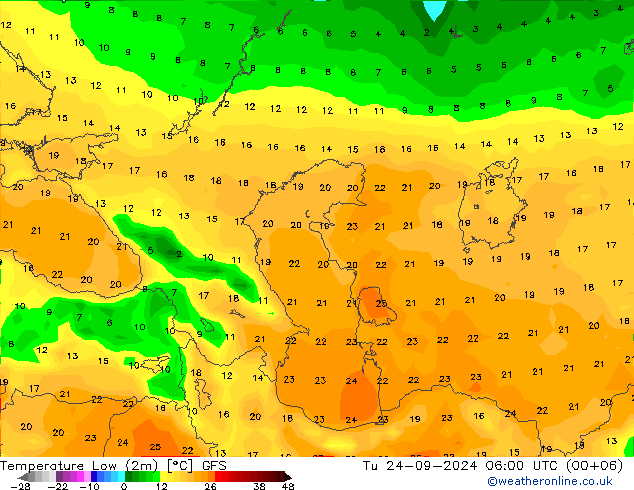 Minumum Değer (2m) GFS Sa 24.09.2024 06 UTC