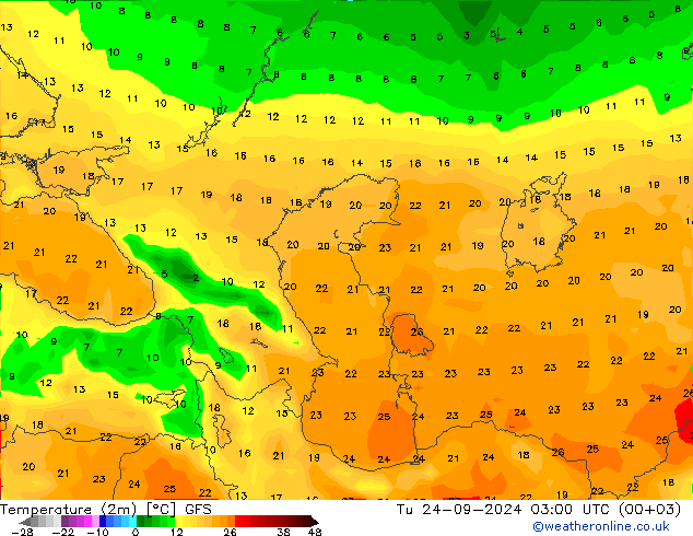 mapa temperatury (2m) GFS wto. 24.09.2024 03 UTC