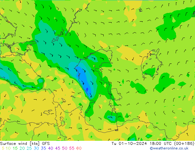 Surface wind GFS Út 01.10.2024 18 UTC