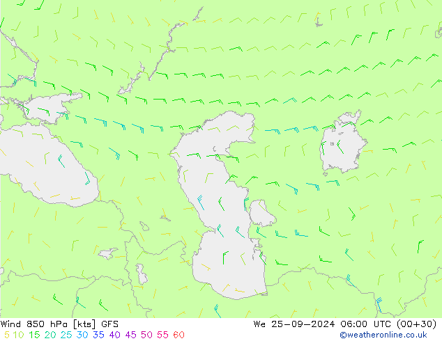 Wind 850 hPa GFS We 25.09.2024 06 UTC