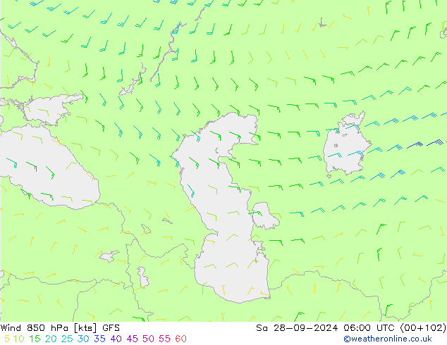 Vento 850 hPa GFS sab 28.09.2024 06 UTC